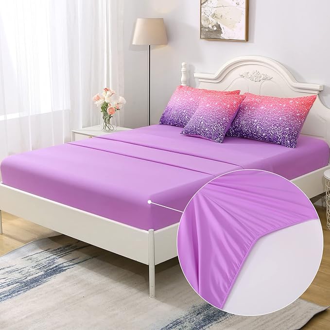 JQinHome Twin Pink Purple Comforter Set, 6 Piece Bed in A Bag 3D Colorful Bedding Set for Girls kids (1 Comforter,2 Pillowcases,1 Flat Sheet,1 Fitted Sheet,1 Cushion Cover)(Pink Purple) - LeafyLoom
