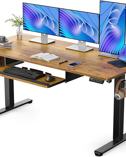 ErGear Large Electric Standing Desk with Keyboard Tray, 63x28 Inches Large Adjustable Height Sit Stand Up Desk, Home Office Desk Computer Workstation, Vintage Brown - LeafyLoom