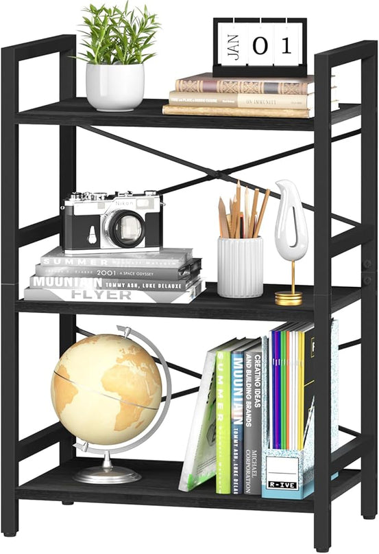 Yoobure Bookshelf Small Book Shelf, Solid Industrial 3 Tier Shelf Bookcase, Short Book Case for Bedroom, Living Room, Office Home, Small Spaces, Black - LeafyLoom