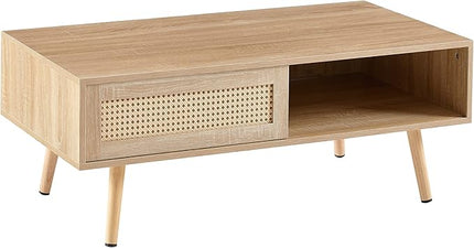41.34" Morden Rattan Coffee table with Sliding Door for Storage, Modern Rectangular Solid Wood Coffee Table for Living Room - LeafyLoom
