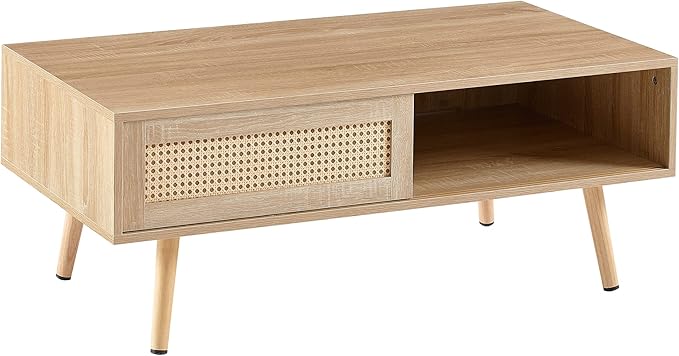 41.34" Morden Rattan Coffee table with Sliding Door for Storage, Modern Rectangular Solid Wood Coffee Table for Living Room - LeafyLoom