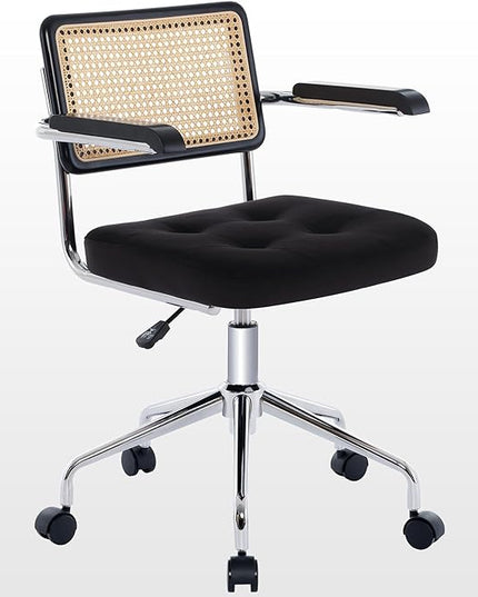 Zesthouse Modern Home Office Chair Velvet Desk Chair with Natural Rattan Back, Vanity Chair for Girls Women, Upholstered Tufted Swivel Armchair, Height Adjustable Computer Task Chair, Black - LeafyLoom