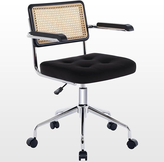 Zesthouse Modern Home Office Chair Velvet Desk Chair with Natural Rattan Back, Vanity Chair for Girls Women, Upholstered Tufted Swivel Armchair, Height Adjustable Computer Task Chair, Black - LeafyLoom