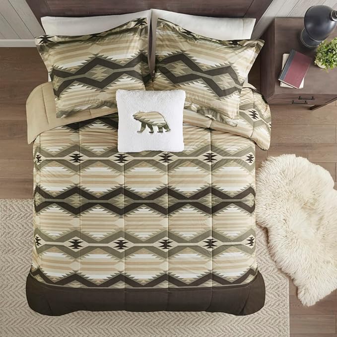 Woolrich Comforter Set, Cabin Lodge, Warm Cover for Colder Season, Modern Cottage-Inspired Down Alternative Ultra Soft Microfiber Bedding, Matching Sham, Southwestern Brown Full/Queen 4 Piece - LeafyLoom