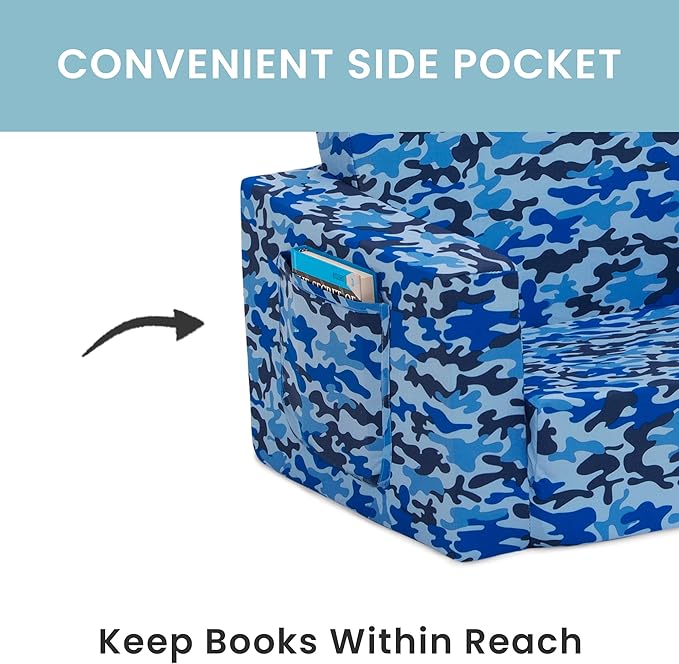 Delta Children Cozee Blue Camo Convertible Foam Chair to Lounger for Kids - LeafyLoom