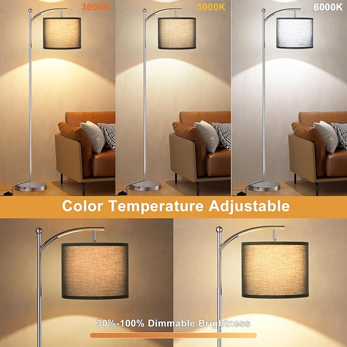 Ambimall Floor Lamp with Remote Control and Stepless Dimmable Bulb, Colors Temperature & Brightness Adjustable, Modern Floor Lamps for Living Room（Black Shade & Silver Pole） - LeafyLoom