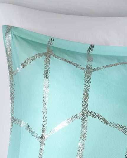 Intelligent Design Raina Twin / Twin XL Comforter Set, Soft Microfiber Comforter Set Twin, Modern Geometric Metallic Bed Set, 4 Pieces College Bedding Comforter Set with 1 Sham, 2 Toss Pillows Aqua - LeafyLoom