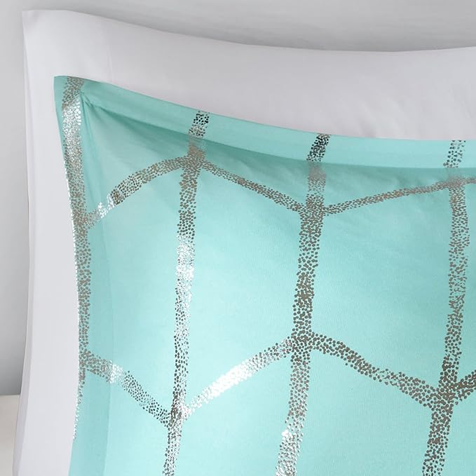 Intelligent Design Raina Twin / Twin XL Comforter Set, Soft Microfiber Comforter Set Twin, Modern Geometric Metallic Bed Set, 4 Pieces College Bedding Comforter Set with 1 Sham, 2 Toss Pillows Aqua - LeafyLoom