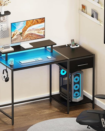 Gaming Desk with Led Light & Power Outlets, 48" Computer Desk with Wooden Drawers and Monitor Stand, Office Desk with Shelves and 2 Headphone Hooks, Work Desk for Home Office,Black - LeafyLoom