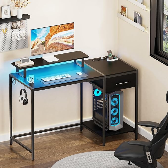 Gaming Desk with Led Light & Power Outlets, 48" Computer Desk with Wooden Drawers and Monitor Stand, Office Desk with Shelves and 2 Headphone Hooks, Work Desk for Home Office,Black - LeafyLoom
