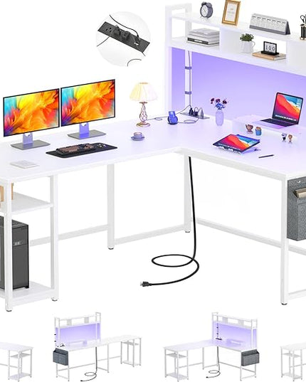 Aheaplus L Shaped Desk with Power Outlet & LED Strip, Reversible L-Shaped Corner Computer Desks Gaming Desk with Storage Shelf & Monitor Stand, Modern 2 Person Home Office Desk, Writing Desk, White - LeafyLoom