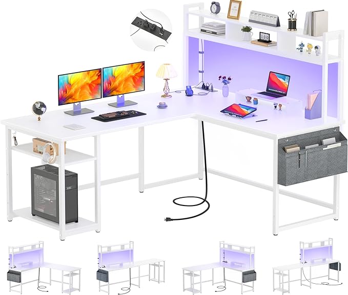 Aheaplus L Shaped Desk with Power Outlet & LED Strip, Reversible L-Shaped Corner Computer Desks Gaming Desk with Storage Shelf & Monitor Stand, Modern 2 Person Home Office Desk, Writing Desk, White - LeafyLoom