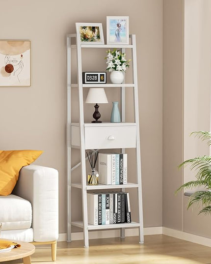 Furologee 5 Tier BookShelf, Ladder Shelf with Drawer, Tall Bookcase Corner Shelf, Narrow Shelf Industrial Display Standing Units for Home Office, Living Room, Bedroom, Kitchen, White - LeafyLoom
