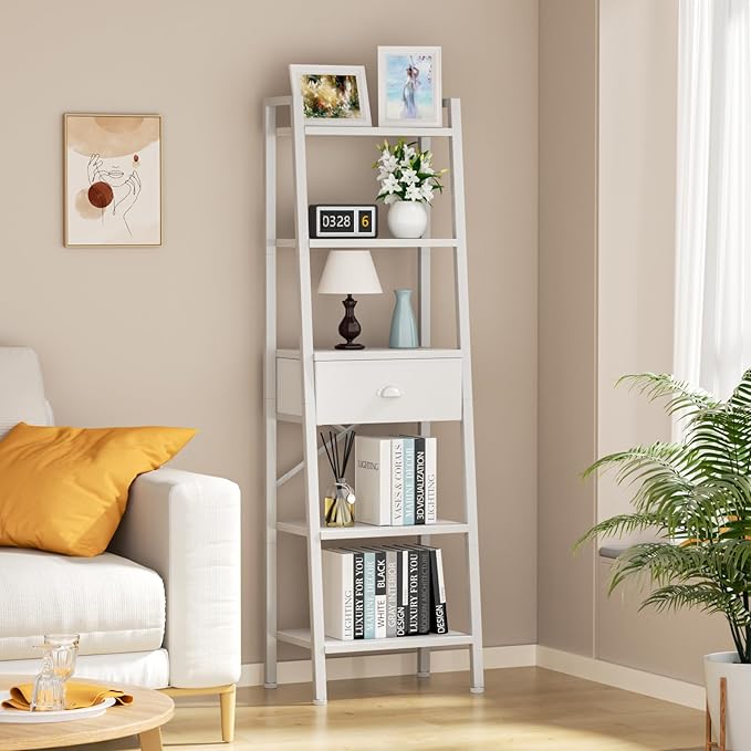 Furologee 5 Tier BookShelf, Ladder Shelf with Drawer, Tall Bookcase Corner Shelf, Narrow Shelf Industrial Display Standing Units for Home Office, Living Room, Bedroom, Kitchen, White - LeafyLoom
