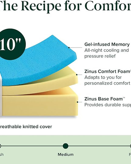 Zinus 10 Inch Green Tea Cooling Memory Foam Mattress [New Version], Queen, Fiberglass Free, Medium Firmness, Cooling Gel Foam, Certified Safe Foams & Fabric, Mattress in A Box - LeafyLoom