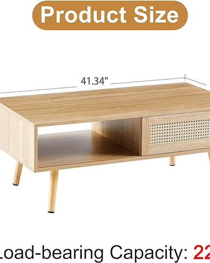 41.34" Morden Rattan Coffee table with Sliding Door for Storage, Modern Rectangular Solid Wood Coffee Table for Living Room - LeafyLoom