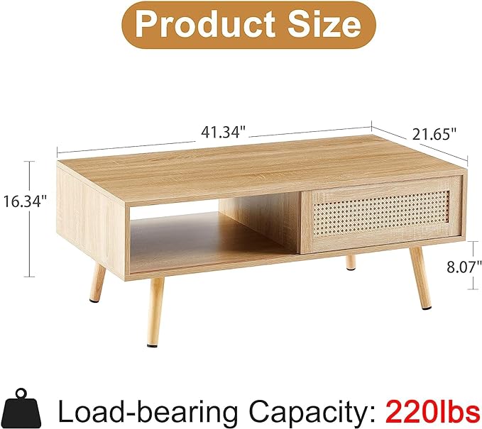 41.34" Morden Rattan Coffee table with Sliding Door for Storage, Modern Rectangular Solid Wood Coffee Table for Living Room - LeafyLoom