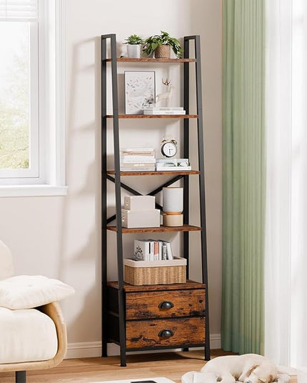 Furologee 5-Tier Ladder Shelf with 2 Drawers,Narrow Bookshelf Storage Shelves,Industrial Bookcase Freestanding Shelf Units for Bedroom,Living Room,Bathroom,Home Office,Balcony,Wood Metal,Rustic Brown - LeafyLoom