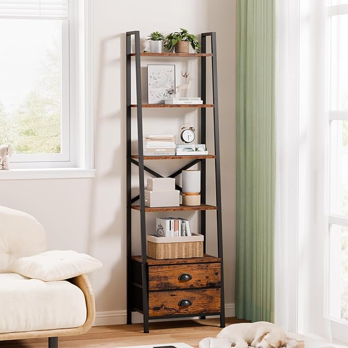 Furologee 5-Tier Ladder Shelf with 2 Drawers,Narrow Bookshelf Storage Shelves,Industrial Bookcase Freestanding Shelf Units for Bedroom,Living Room,Bathroom,Home Office,Balcony,Wood Metal,Rustic Brown - LeafyLoom
