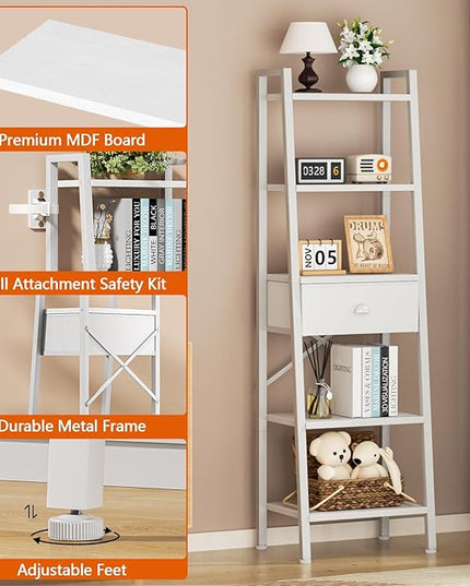 Furologee 5 Tier BookShelf, Ladder Shelf with Drawer, Tall Bookcase Corner Shelf, Narrow Shelf Industrial Display Standing Units for Home Office, Living Room, Bedroom, Kitchen, White - LeafyLoom