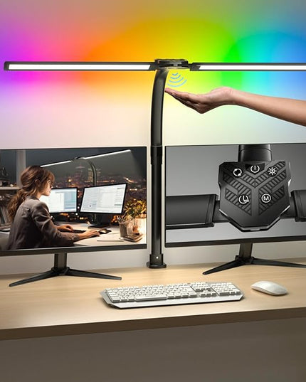 RGB Double Swing Arm Desk Lamp - 24W Ultra Bright Auto Dimming Desk Light, Multi-Angle Adjustment, Touch Control Desktop Lamp- Ideal for Home Office, Gaming, Reading, Work - LeafyLoom