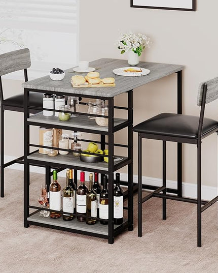 GAOMON Dining Table Set for 2, Kitchen Table and Chairs for 2 with Upholstered Chairs, 3 Piece Counter Height Bar Kitchen Table Set with 3 Storage Shelves for Small Space, Apartment, Rustic Gray - LeafyLoom