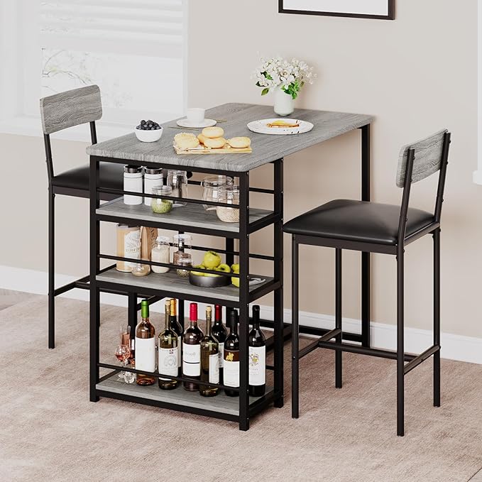 GAOMON Dining Table Set for 2, Kitchen Table and Chairs for 2 with Upholstered Chairs, 3 Piece Counter Height Bar Kitchen Table Set with 3 Storage Shelves for Small Space, Apartment, Rustic Gray - LeafyLoom