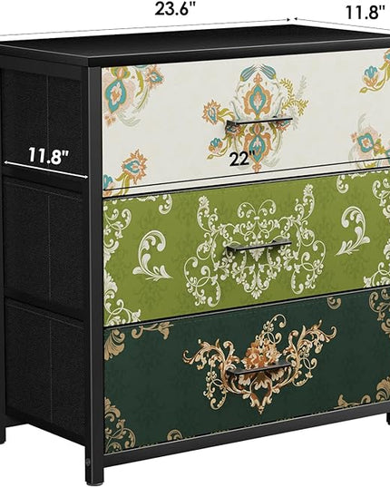 Nightstand, End Table, Bedside Table, Small Tall Boho Dresser for Bedroom with 3 Drawer, Chest of Drawers Fabric Dressers with Wood Top for Closet, Living Room, Retro Flower - LeafyLoom