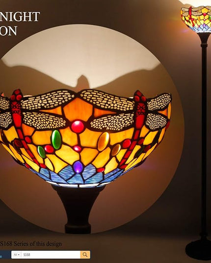 WERFACTORY Tiffany Floor Lamp Orange Blue Stained Glass Dragonfly Light 12X12X66 Inches Torchiere Standing Corner Torch Uplight Decor Bedroom Living Room Home Office S168 Series - LeafyLoom