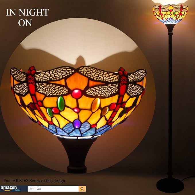 WERFACTORY Tiffany Floor Lamp Orange Blue Stained Glass Dragonfly Light 12X12X66 Inches Torchiere Standing Corner Torch Uplight Decor Bedroom Living Room Home Office S168 Series - LeafyLoom
