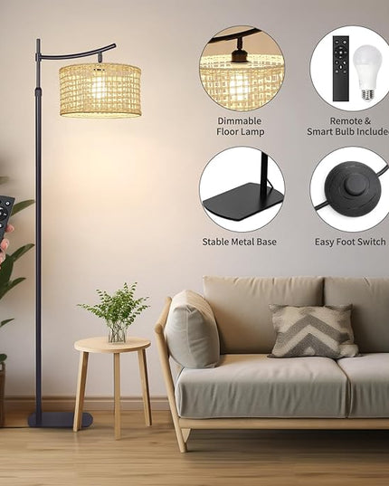 Arc Boho Farmhouse Black Floor Lamp, Standing Lamp with Rattan & Fabric Double Shade with Remote Control, Dimmable LED Bulb with 7 Color Temperature, Tall Pole for Living Room Bedroom Corner Office - LeafyLoom