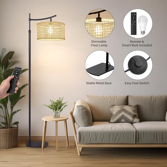Arc Boho Farmhouse Black Floor Lamp, Standing Lamp with Rattan & Fabric Double Shade with Remote Control, Dimmable LED Bulb with 7 Color Temperature, Tall Pole for Living Room Bedroom Corner Office - LeafyLoom