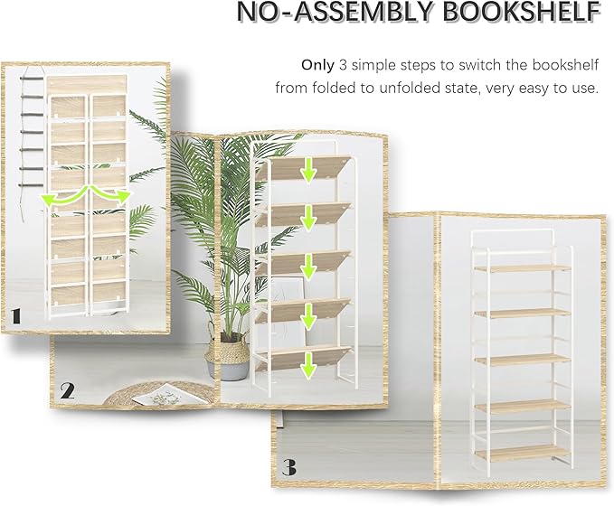 4NM No-Assembly 5 Tiers Folding Bookshelf Storage Shelves Vintage Bookcase Standing Racks Study Organizer Home Office (Natural and White) - LeafyLoom