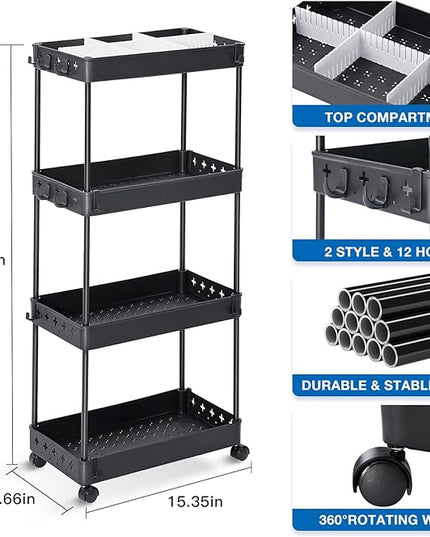 TOOLF 4 Tier Utility Cart with Wheels, Rolling Cart with Adjustable Divider & Hooks, Cart Organizer for Diaper Craft Snack, Narrow Storage Cart for Laundry Bedroom Bathroom Kitchen, Black - LeafyLoom