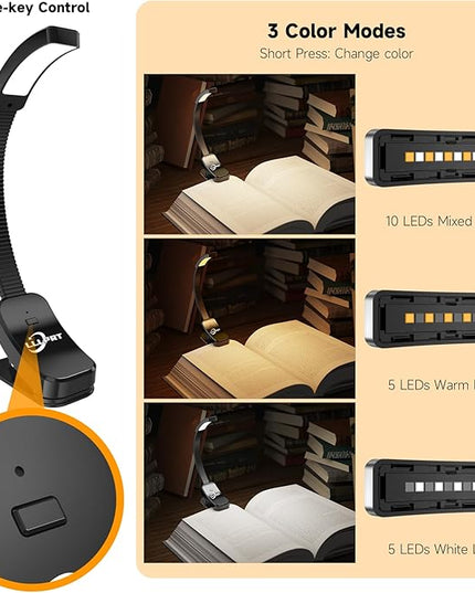 2 Pack Book Lights with Clamp, LLLPRT 10 LEDs Rechargeable USB Clip Reading Lamp with 3 Lighting Color, Stepless Dimming, Eye Friendly, 120 Hours Runtime, 360° Flexible Gooseneck, Lightweight,Portable - LeafyLoom