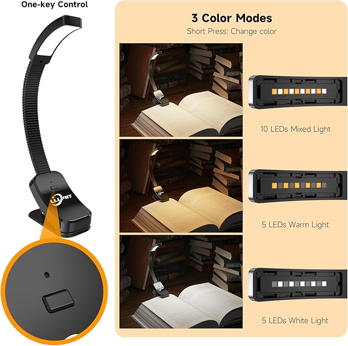 2 Pack Book Lights with Clamp, LLLPRT 10 LEDs Rechargeable USB Clip Reading Lamp with 3 Lighting Color, Stepless Dimming, Eye Friendly, 120 Hours Runtime, 360° Flexible Gooseneck, Lightweight,Portable - LeafyLoom