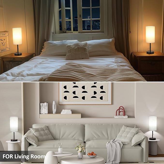 Plus Bedside Table Lamps Set of 2 - 3 Color Temperatures Pull Chain Lamp with AC Outlet Charging Port, Two Round Night Stand Lamps for Bedroom Guest Room Office, Bed Side Light with E26 LED Bulbs - LeafyLoom
