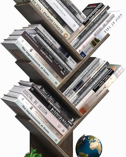 5 Tier Small Tree Bookshelf Desk Book Organizer Narrow Bookcases for Books Magazines CDs Free Standing Retro Wooden Storage Shelves for Home Office Bedroom Living Room Oak Grey - LeafyLoom