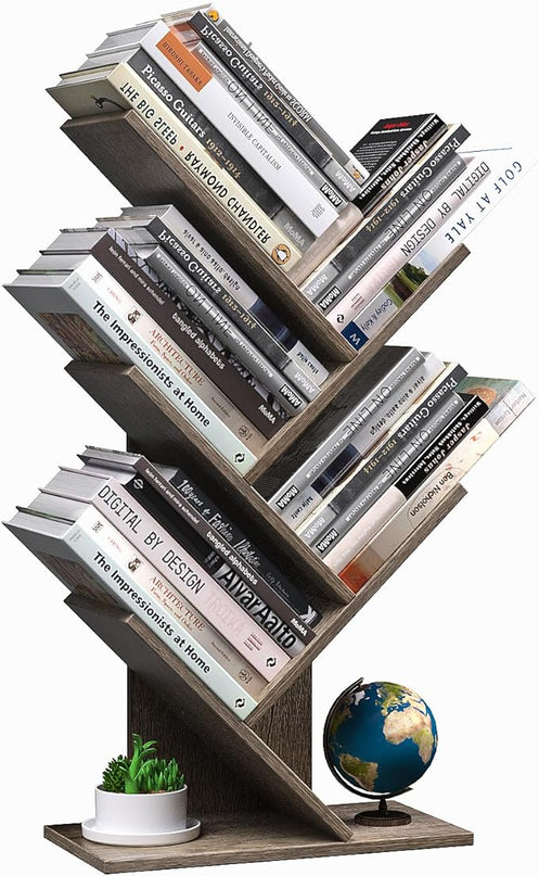 5 Tier Small Tree Bookshelf Desk Book Organizer Narrow Bookcases for Books Magazines CDs Free Standing Retro Wooden Storage Shelves for Home Office Bedroom Living Room Oak Grey - LeafyLoom