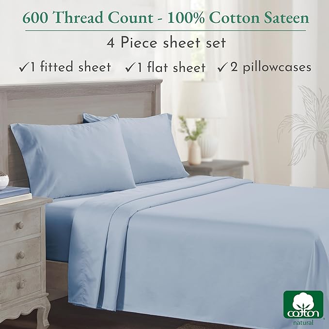 California Design Den California King Sheet Set - 100% Cotton, 600 Thread Count Deep Pocket Cal King Sheet Set, Luxury Hotel-Quality Sheets with Soft Sateen Weave - Blue - LeafyLoom