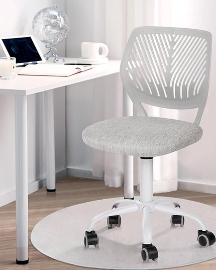 FurnitureR Desk Chair Armless, Study Computer Chair Adjustable Swivel for Student Children Kids, Comfy Cute Home Office Chair Fabric Seating Cushion and Plastic Low-Back with Rolling Wheels, Grey - LeafyLoom