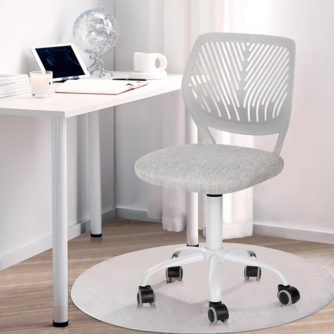 FurnitureR Desk Chair Armless, Study Computer Chair Adjustable Swivel for Student Children Kids, Comfy Cute Home Office Chair Fabric Seating Cushion and Plastic Low-Back with Rolling Wheels, Grey - LeafyLoom