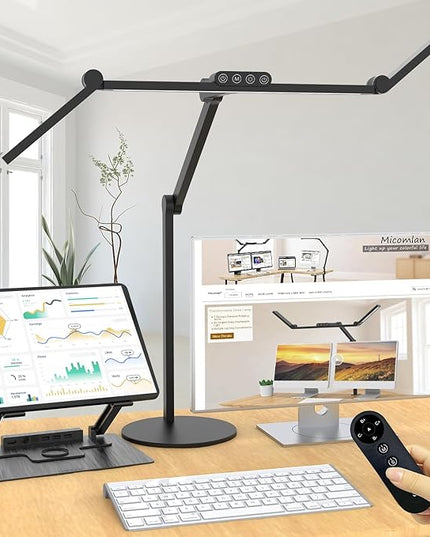Micomlan Architect Desk Lamp with Remote Control, Adjustable Led Desk Light for Home Office with Base, 24W Bright Auto Dimming Table Light Rotatable Office Lamp with Swing Arm for Computer Cafting - LeafyLoom