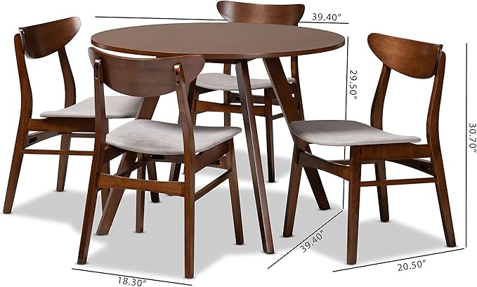 Baxton Studio Philip Mid-Century Modern Transitional Light Grey Fabric Upholstered and Walnut Brown Finished Wood 5-Piece Dining Set - LeafyLoom