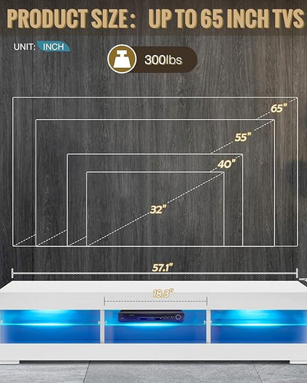 HOMMPA LED TV Stand with LED Lights for 65 inch TV Modern Entertainment Center with Storage 57" White TV Console with Glass Shelves for Living Room 15" Tall - LeafyLoom