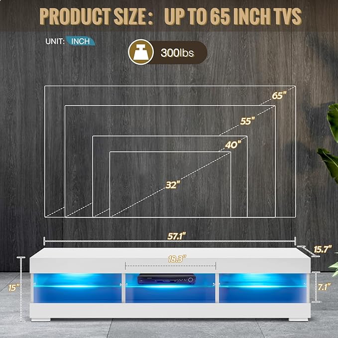HOMMPA LED TV Stand with LED Lights for 65 inch TV Modern Entertainment Center with Storage 57" White TV Console with Glass Shelves for Living Room 15" Tall - LeafyLoom