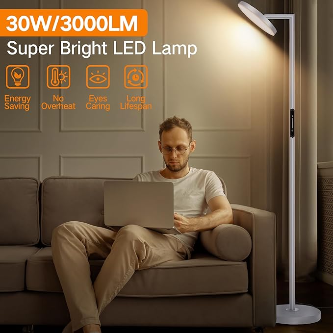 OUTON LED Torchiere Floor Lamp, 30W/3000LM Dimmable Super Bright Standing Lamp with Remote Touch Control, 4 Color Temperature, Memory Function for Living Room, Bedroom, Office (Cool Gray) - LeafyLoom