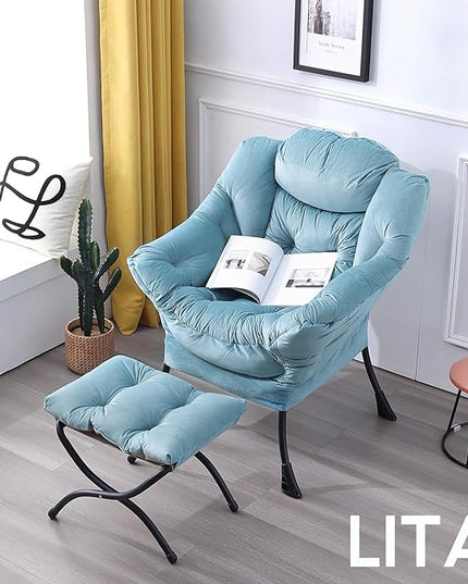 LITA Lazy Chair with Ottoman, Modern Accent Leisure Upholstered Sofa Chair, Contemporary Lounge Reading Chair with Armrests and a Side Pocket for Living Room, Bedroom & Small Space, Light Blue - LeafyLoom