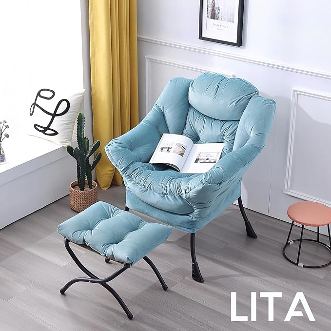 LITA Lazy Chair with Ottoman, Modern Accent Leisure Upholstered Sofa Chair, Contemporary Lounge Reading Chair with Armrests and a Side Pocket for Living Room, Bedroom & Small Space, Light Blue - LeafyLoom