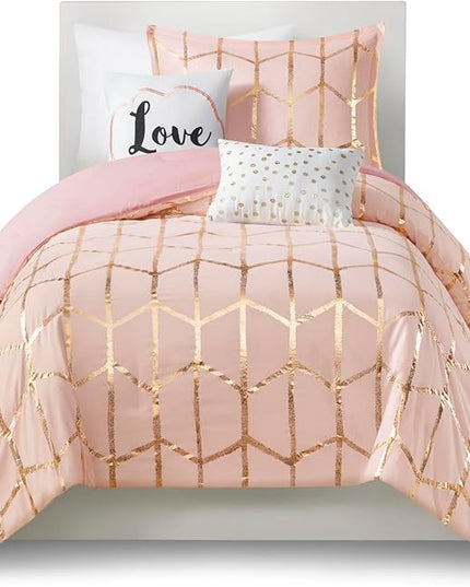 Intelligent Design Raina Twin / Twin XL Comforter Set, Soft Microfiber Comforter Set Twin, Modern Geometric Metallic Bed Set, 4 Pieces College Bedding Comforter Set with 1 Sham, 2 Toss Pillows Blush - LeafyLoom